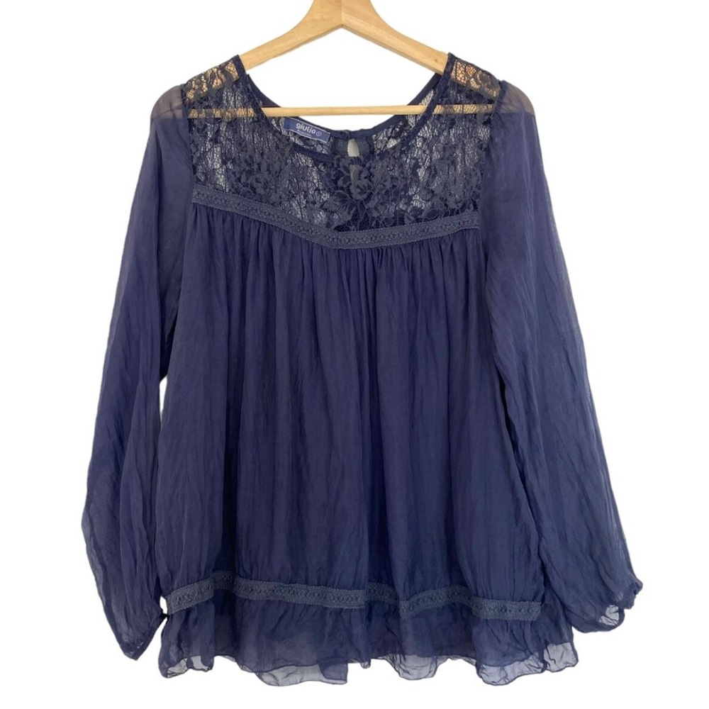 Giulia Made in Italy Boho Flowy Silk Top Blue Lace Relaxed Fit Size L